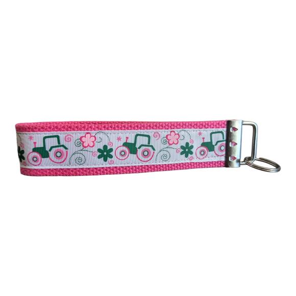 Tractor Keychain Wristlet Handmade Fabric Key FOB Floral Farmer Farm Pink Green - Picture 5 of 7